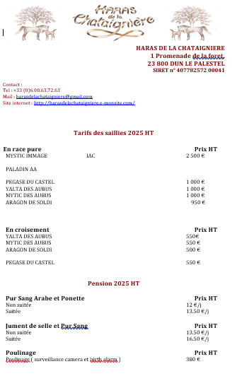 Tarifs saillies